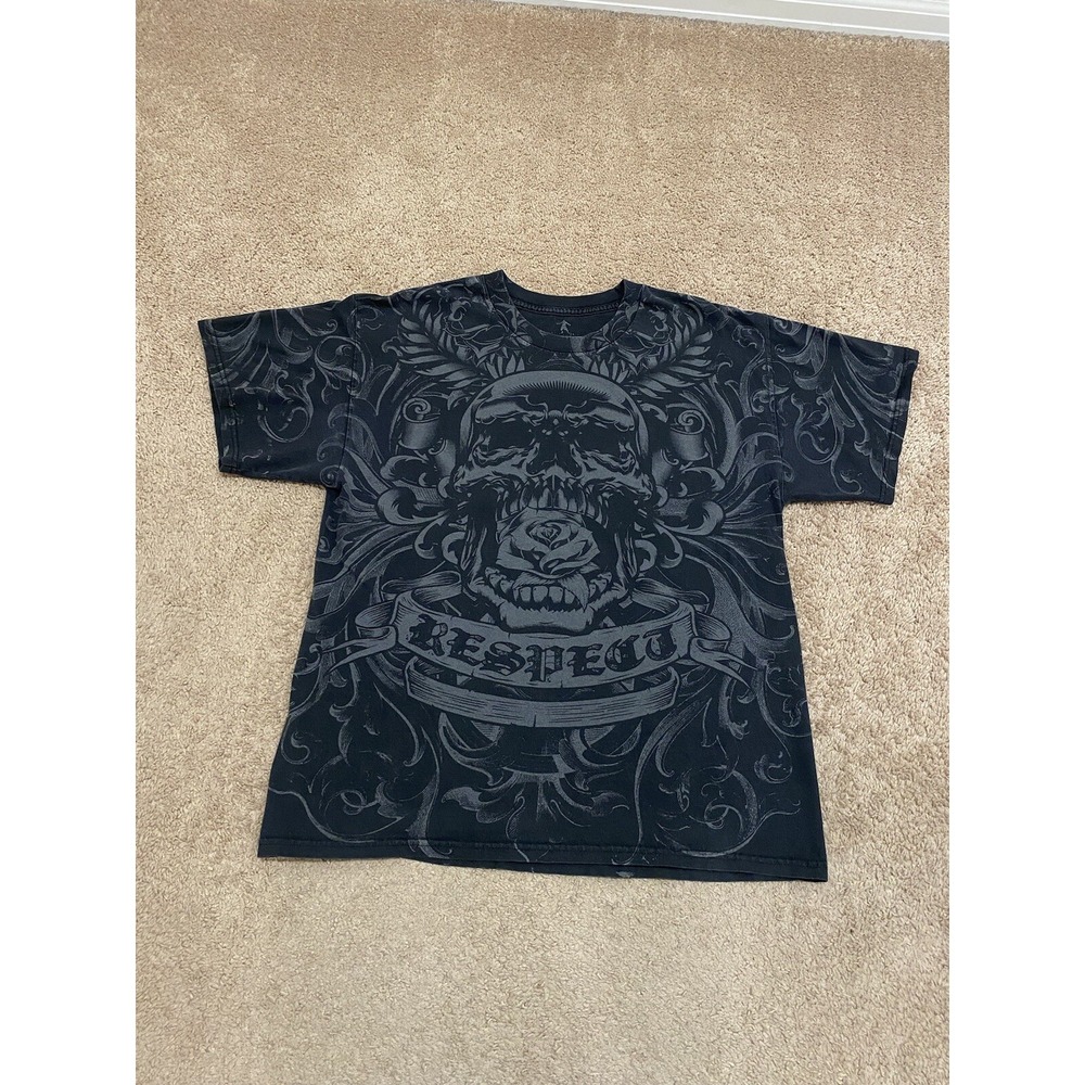 Y2K 2000s MMA Elite Grunge AOP Skull T-Shirt Size Large Cyber Goth